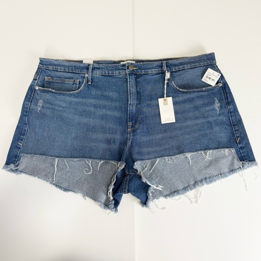 Good American Jean Shorts Good 90s Distressed Frayed Womens 20 Plus Blue NWT